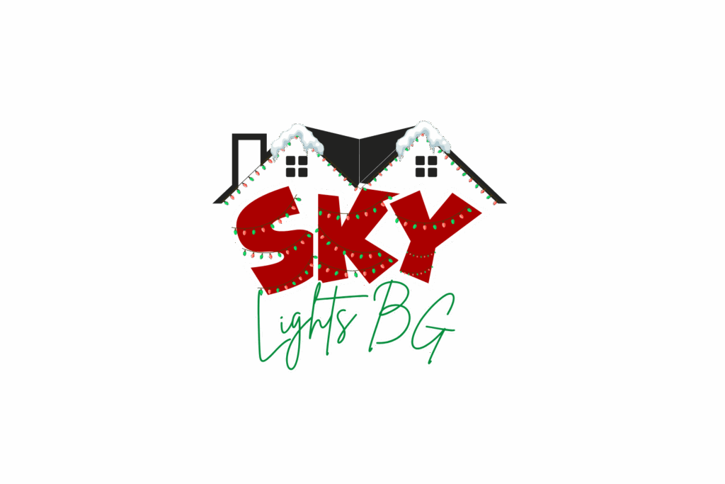 Sky Lights BG logo with red “Sky” lettering wrapped in Christmas lights, green script text, and snow-covered rooftops on a black background