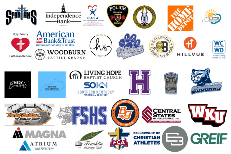 Collage of logos from organizations, schools, churches, banks, public agencies, and businesses that have trusted Sky Events Group and Sky Inflatables & More for events and entertainment services in South Central Kentucky, including WKU, Bowling Green Hot Rods, Home Depot, Warren County, Glasgow Police, Independence Bank, and local schools.