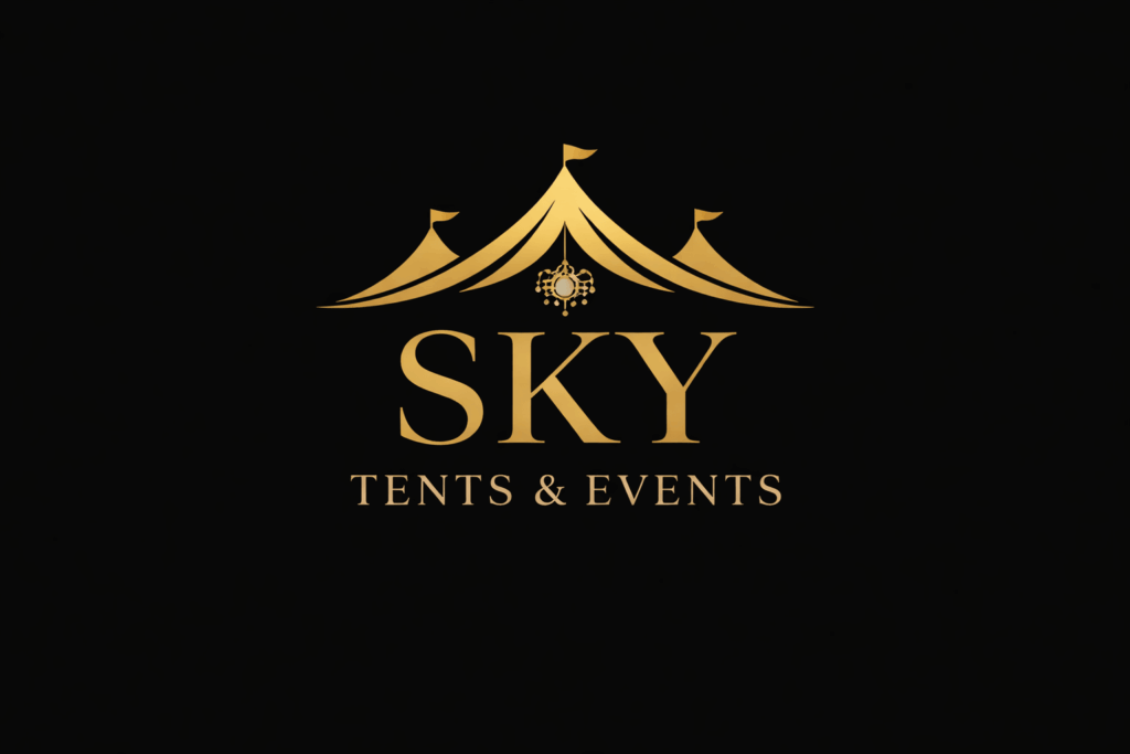 Sky Tents & Events logo with elegant gold tent graphic and chandelier above “Sky” text on a black background
